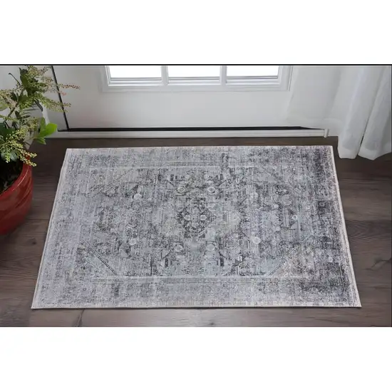 Gray and Silver Oriental Power Loom Worn Faded Area Rug Photo 1