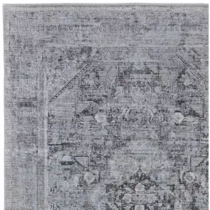 Photo of Gray and Silver Oriental Power Loom Worn Faded Area Rug