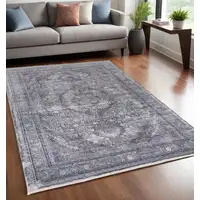 Photo of Gray and Silver Oriental Power Loom Worn Faded Area Rug