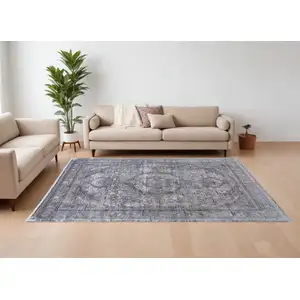 Photo of Gray and Silver Oriental Power Loom Worn Faded Area Rug