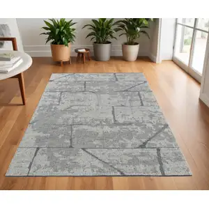 Photo of Gray and Silver Wool Abstract Hand Knotted Worn Faded Area Rug