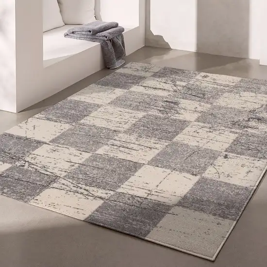 Gray and White Checkered Power Loom Distressed Area Rug Photo 5