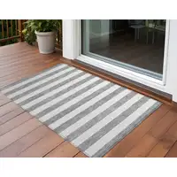 Photo of Gray and White Striped Washable Non Skid Indoor Outdoor Area Rug