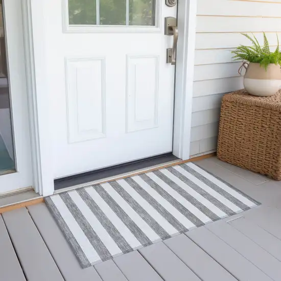 Gray and White Striped Washable Non Skid Indoor Outdoor Area Rug Photo 8