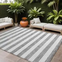 Photo of Gray and White Striped Washable Non Skid Indoor Outdoor Area Rug