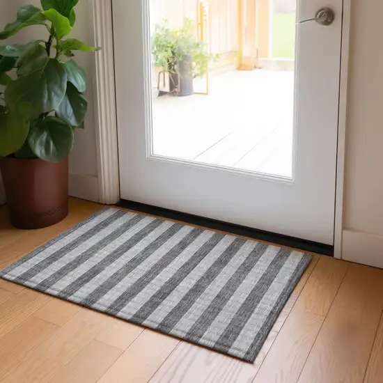 Gray and White Striped Washable Non Skid Indoor Outdoor Area Rug Photo 9