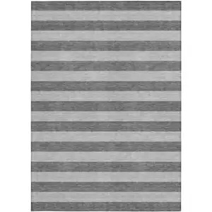 Photo of Gray and White Striped Washable Non Skid Indoor Outdoor Area Rug