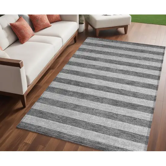 Gray and White Striped Washable Non Skid Indoor Outdoor Area Rug Photo 1