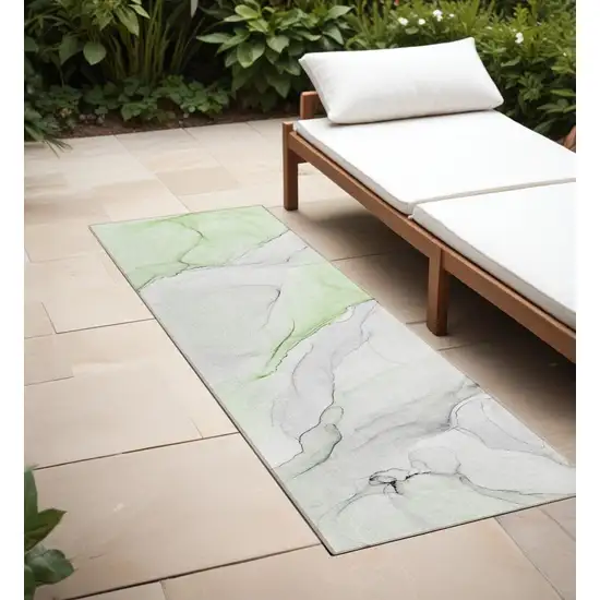 Green Abstract Washable Indoor Outdoor Runner Rug Photo 1