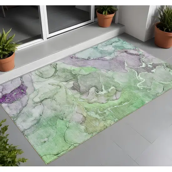 Green and Purple Abstract Washable Indoor Outdoor Area Rug Photo 1