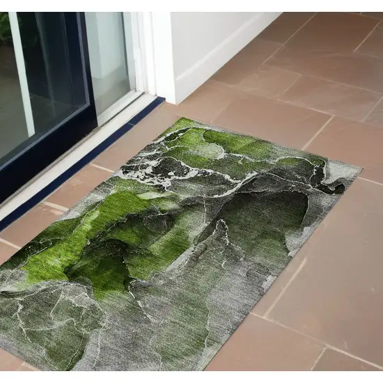 Green Abstract Washable Non Skid Indoor Outdoor Area Rug Photo 1