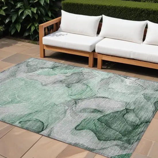 Green Abstract Washable Non Skid Indoor Outdoor Area Rug Photo 1