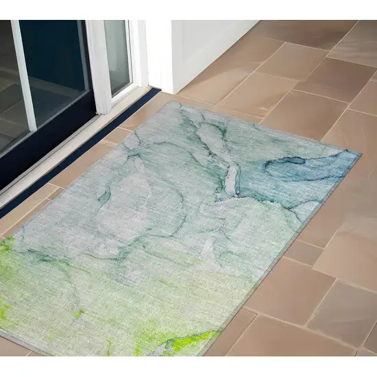 Blue and Green Abstract Washable Indoor Outdoor Area Rug Photo 1