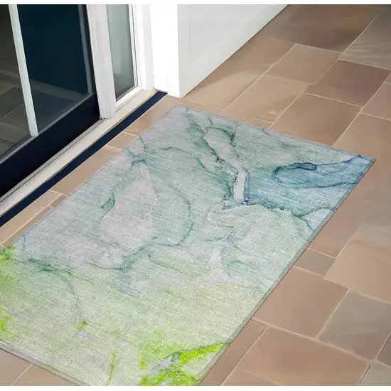 Blue and Green Abstract Washable Indoor Outdoor Area Rug Photo 2