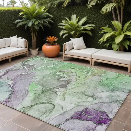 Green Abstract Washable Non Skid Indoor Outdoor Area Rug Photo 1