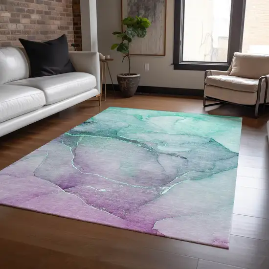 Green Abstract Washable Non Skid Indoor Outdoor Area Rug Photo 9