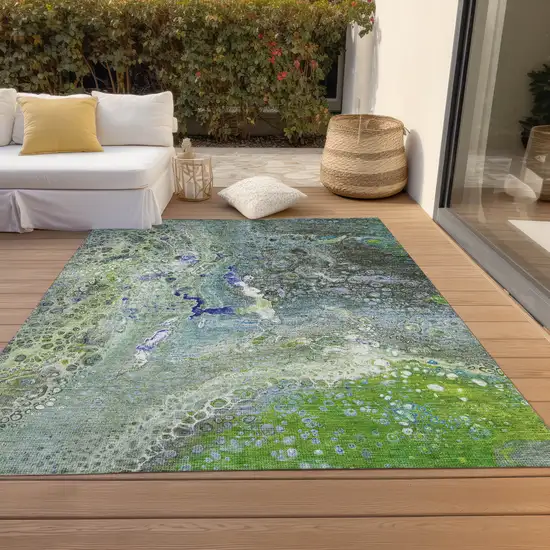 Green Abstract Washable Non Skid Indoor Outdoor Area Rug Photo 8