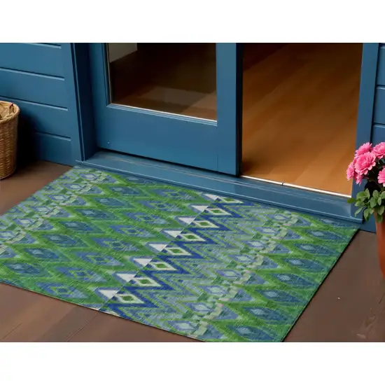 Green And Blue Southwestern Washable Indoor Outdoor Area Rug Photo 1