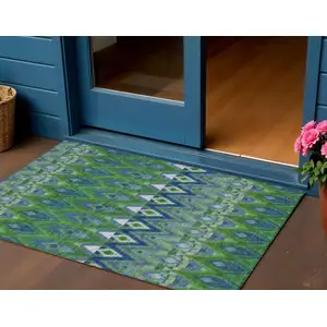 Photo of Green And Blue Southwestern Washable Indoor Outdoor Area Rug