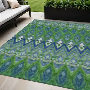 Photo of Green And Blue Southwestern Washable Indoor Outdoor Area Rug