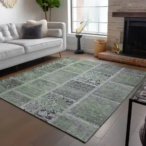 Photo of Green And Charcoal Patchwork Washable Indoor Outdoor Area Rug