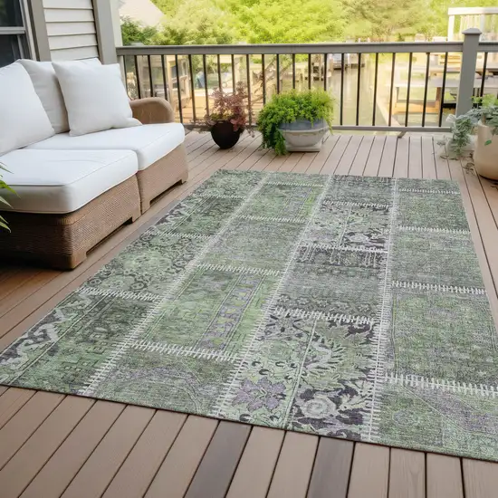 Green And Charcoal Patchwork Washable Indoor Outdoor Area Rug Photo 7