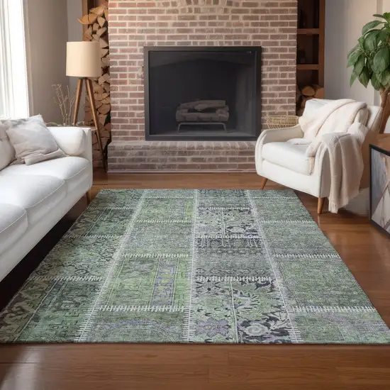 Green And Charcoal Patchwork Washable Indoor Outdoor Area Rug Photo 5