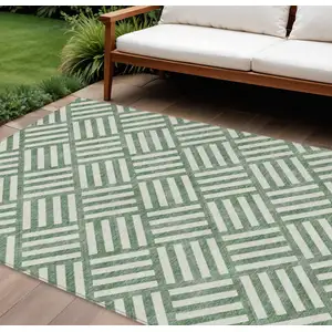 Photo of Green And Ivory Geometric Washable Indoor Outdoor Area Rug