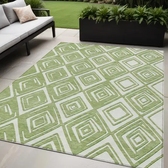 Green And Ivory Geometric Washable Indoor Outdoor Area Rug Photo 1