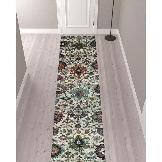 Green And Ivory Oriental Power Loom Runner Rug Photo 4