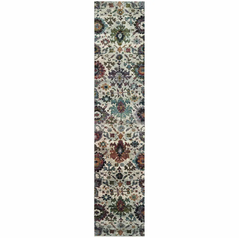 Green And Ivory Oriental Power Loom Runner Rug Photo 1