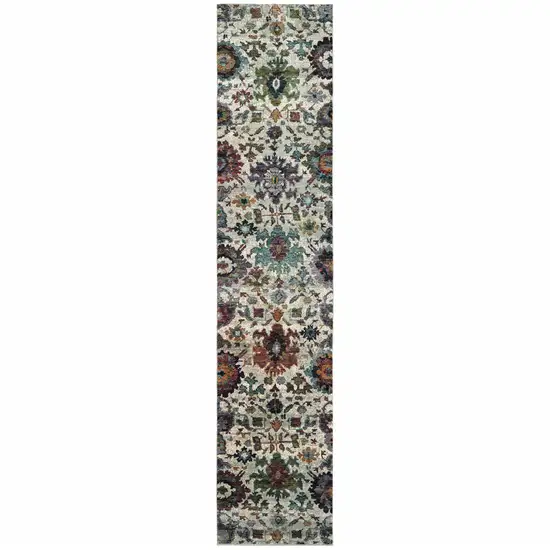 Green And Ivory Oriental Power Loom Runner Rug Photo 1