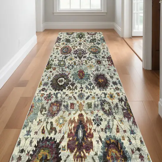 12' Runner Green and Ivory Oriental Power Loom Runner Rug Photo 1