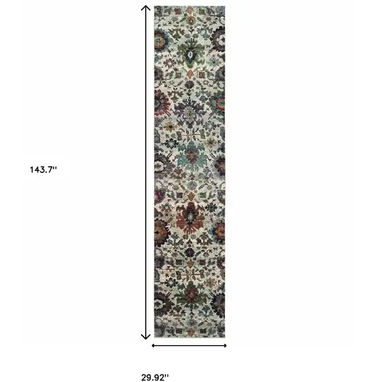 Green And Ivory Oriental Power Loom Runner Rug Photo 6