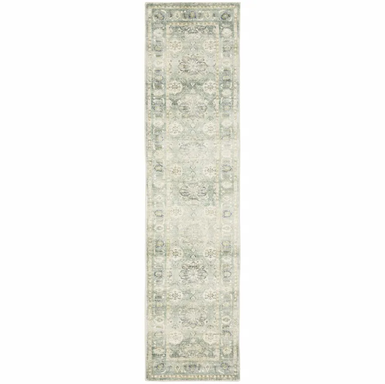 Green And Ivory Oriental Power Loom Stain Resistant Runner Rug Photo 1