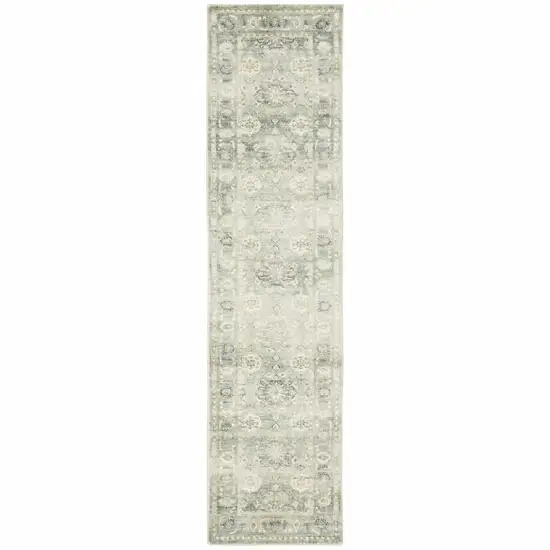 Green And Ivory Oriental Power Loom Stain Resistant Runner Rug Photo 1