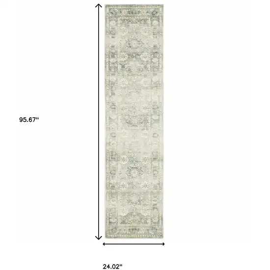 Green And Ivory Oriental Power Loom Stain Resistant Runner Rug Photo 10