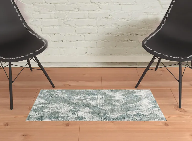 Green And Ivory Patchwork Distressed Stain Resistant Area Rug Photo 2