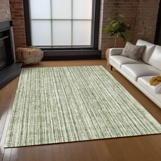 Green And Ivory Striped Washable Indoor Outdoor Area Rug Photo 8