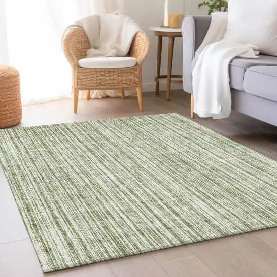 Green And Ivory Striped Washable Indoor Outdoor Area Rug Photo 7