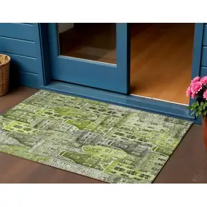 Photo of Green And Lime Green Village Houses Washable Indoor Outdoor Area Rug