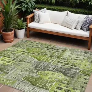 Photo of Green And Lime Green Village Houses Washable Indoor Outdoor Area Rug