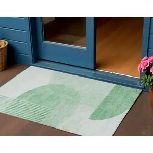 Photo of Green And Mint Green Geometric Washable Indoor Outdoor Area Rug