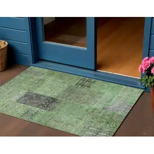 Photo of Green And Olive Green Patchwork Washable Indoor Outdoor Area Rug