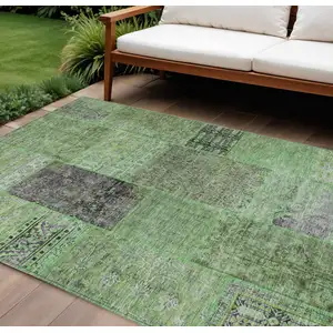 Photo of Green And Olive Green Patchwork Washable Indoor Outdoor Area Rug