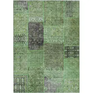 Photo of Green And Olive Green Patchwork Washable Indoor Outdoor Area Rug