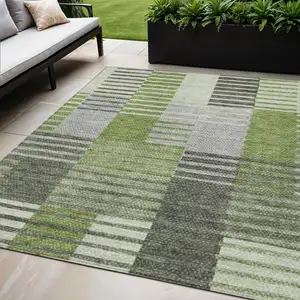 Photo of Green And Olive Green Striped Washable Indoor Outdoor Area Rug