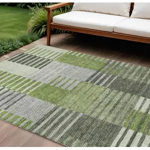 Photo of Green And Olive Green Striped Washable Indoor Outdoor Area Rug