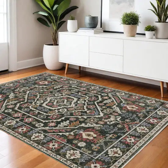 Green And Pink Floral Area Rug With Fringe Photo 1