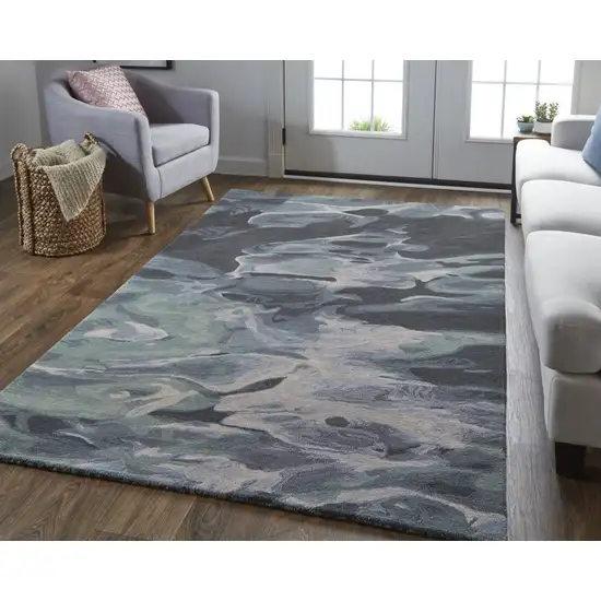 Green Blue And Black Wool Abstract Tufted Handmade Stain Resistant Area Rug Photo 6